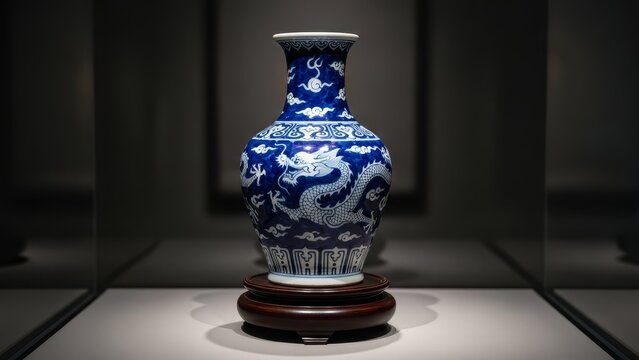 Chinese blue and white porcelain vase with dragon motif on wooden stand in dimly lit museum display