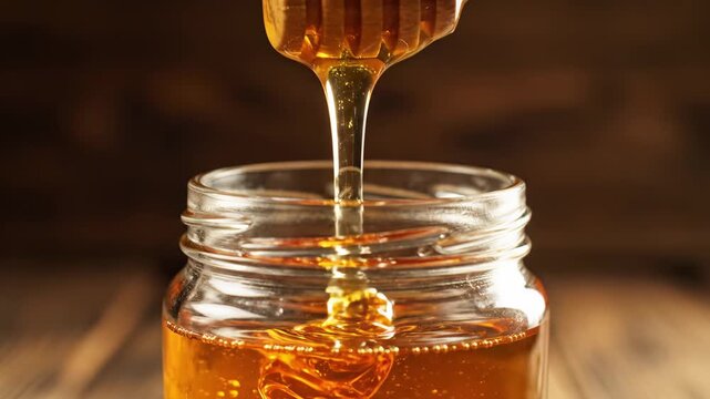 Golden honey flows delicately from a wooden dipper into a glass jar, showcasing the rich texture and color of the viscous liquid. Warm light highlights the sweetness captured in this serene moment.