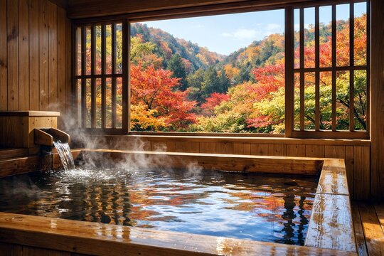 秋の紅葉が広がる絶景を眺めながらリラックスできる露天風呂がある日本の温泉宿の風景