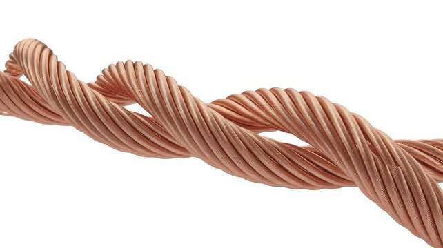 Close-up of twisted bare copper wire cable isolated on white background