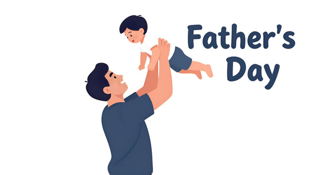 Cute vector illustration of dad holding his small son like a superhero parallel to the ground with happy smile and text