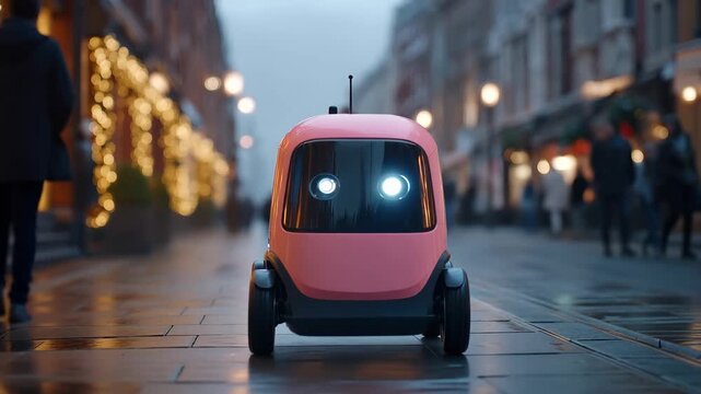 A small delivery robot travels along city sidewalks as people walk by. The setting is at dusk with many lights on buildings.