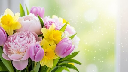 Obraz premium A vibrant springtime bouquet of pink peonies, purple tulips, and yellow daffodils arranged artfully with a soft green, bokeh background and gentle light flares.