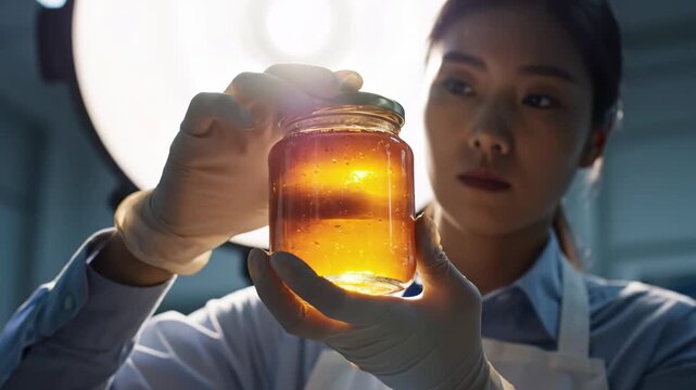 In a serene laboratory filled with ambient lighting, a dedicated individual examines a radiant jar of amber liquid, reflecting curiosity and a passion for discovery, immersed in exploration.