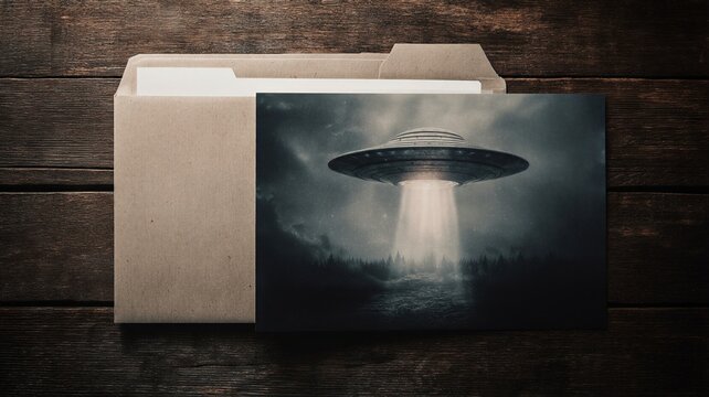 Ufo flying above forest on a classified government document inside a paper folder. Declassification of secret alien files and evidence of extraterrestrial visitation. Mystery space fact.