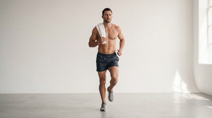 Obraz premium Man runs in an empty room holding a towel after workout session during the day