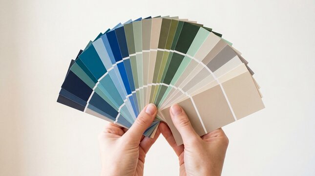 Hands hold a fan of paint color samples with various shades in a simple setting for home decoration or design choices