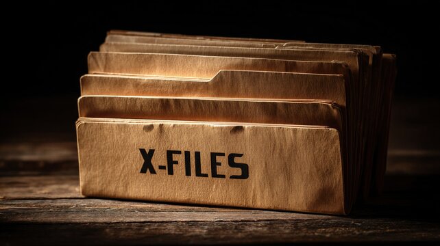 Old paper folder labeled X-files sitting on rustic wooden desk. Secret government document featuring classified research on unidentified flying object. Conspiracy mystery investigation.