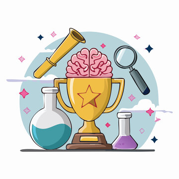 Science and Innovation Trophy with Brain, Lab Equipment, and Magnifying Glass