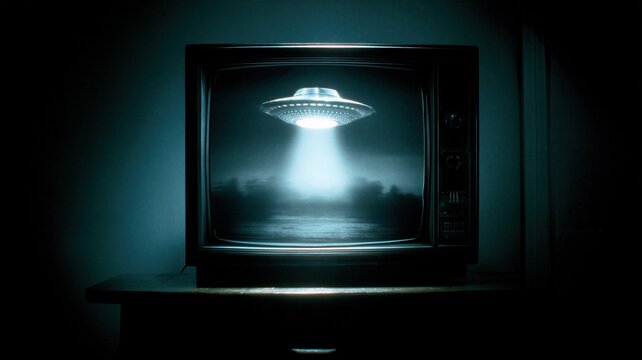 UFO flying over foggy lake shown on old television screen. Secret government declassified file concept. Extraterrestrial spaceship encounter, mystery science fiction technology, paranormal event.