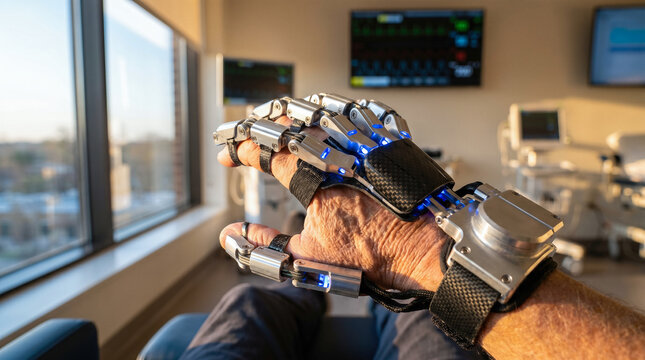 First person view close up patient hand wearing advanced robotic exoskeleton rehabilitation device featuring glowing blue lights inside modern medical clinic