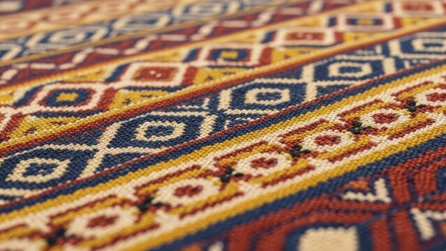 Textured woven textile with geometric patterns and stripes, close-up shot, selective focus.