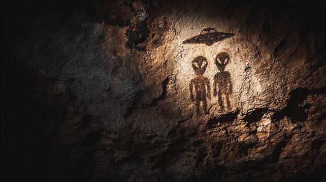 Ancient rock drawing of alien beings and a flying saucer inside a cave. Declassified government file concept. Archaeological discovery, mystery, extraterrestrial visit and history enigma.