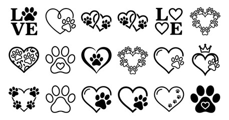 Love hearts with pets dog paw prints vector icons set outline black silhouettes, heart, love, dog, cat, pet, paw, print, footprint, set, collection © Pushpa