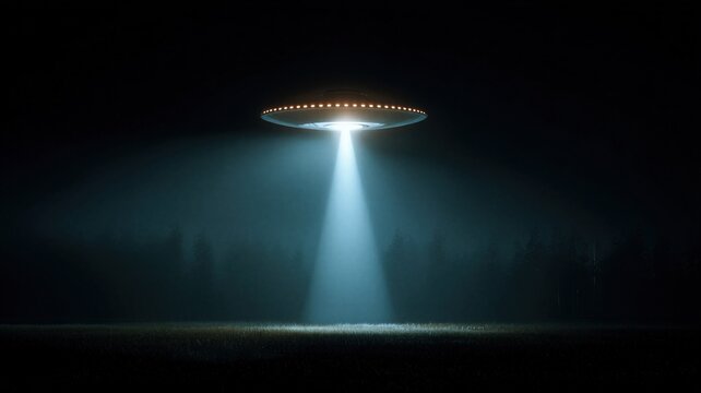 Unidentified flying object hovering in night sky with bright light beam. Alien spacecraft declassification concept. Mysterious government secret file incident, space technology exploration.