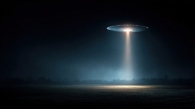 Ufo hovering over dark night field with bright beam of light. Extraterrestrial spaceship visiting earth. Mystery of secret government files and classified project disclosure mystery.