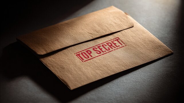 Brown envelope with top secret red stamp on dark surface. Confidential document release about ufo and alien existence. Government declassification of classified military investigation data.