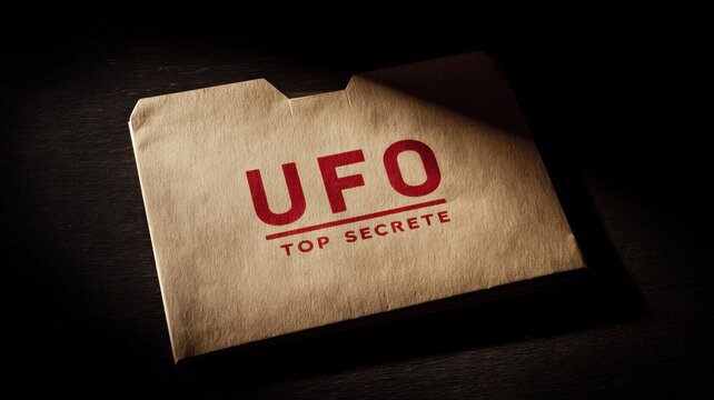 Paper folder labeled with UFO top secret inscription. Declassified government documentation on extraterrestrial investigation. Mystery archive and intelligence report about alien spacecraft.