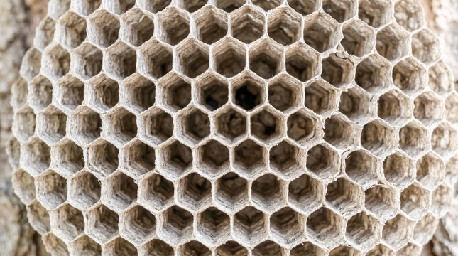 High detail perspective of symmetrical hexagon cell grid inside an inactive hornet nest