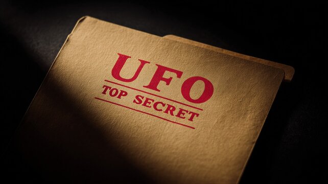 Beige manila folder labeled UFO Top Secret lying on dark surface. Declassified government documentation regarding extraterrestrial intelligence and unidentified aerial phenomenon.