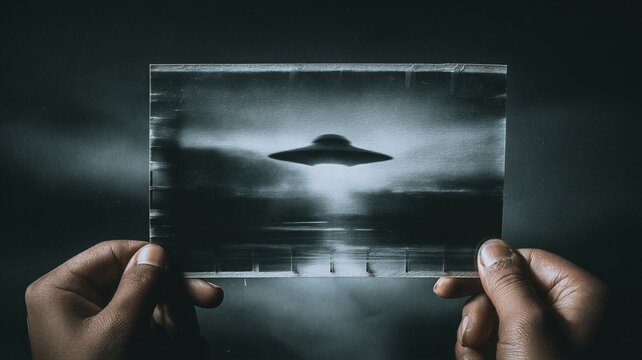 Hands of a person holding a grainy black and white photograph showing a flying saucer. Classified government document about ufology and alien life. Mystery of ufo and extraterrestrial.
