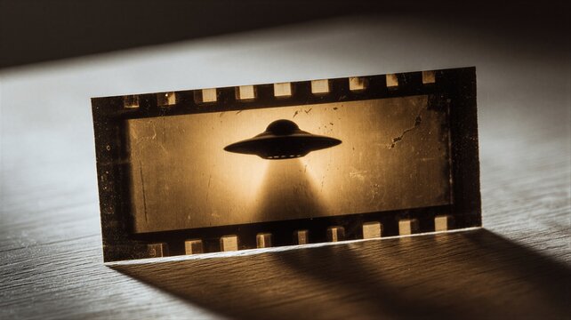 UFO silhouette on vintage film frame representing classified government files. Extraterrestrial spacecraft evidence and investigative mystery. Documentation of alien encounter discovery.