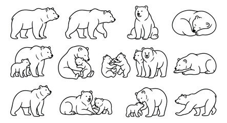 Minimalist polar bear line art collection, 13 black and white bear icons set, arctic wildlife illustrations for nature conservation and winter branding © Shahzad