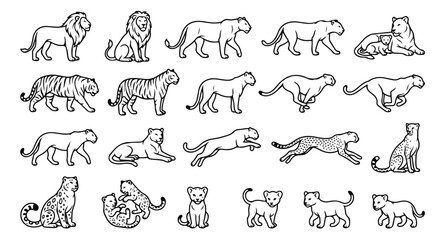 Minimalist big cat line art icons, 21 wild animal vector illustrations, black and white lion tiger and leopard sketches for wildlife branding © Shahzad