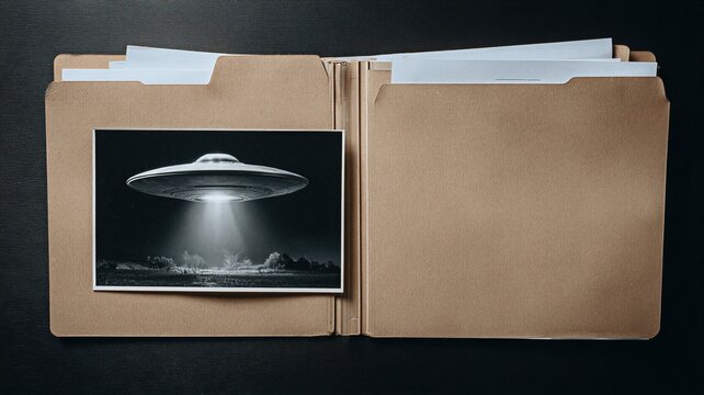 UFO flying saucer photograph inside a brown government file folder. Declassified evidence of extraterrestrial contact. Paranormal secret archive document for mystery investigation.