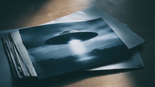 UFO saucer photo on a desk. Declassified secret government document regarding extraterrestrial life, alien visitation, and space phenomenon. Mysterious evidence of extraterrestrial contact.