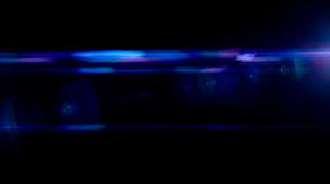 Beautiful creative featuring abstract glowing neon blue purple lens flare light leak effect showing horizontal transparent illuminated lines over deep dark black background 3d illustration