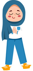 Obraz premium Smiling Cartoon Girl in Hijab and Jeans Praying or Greeting