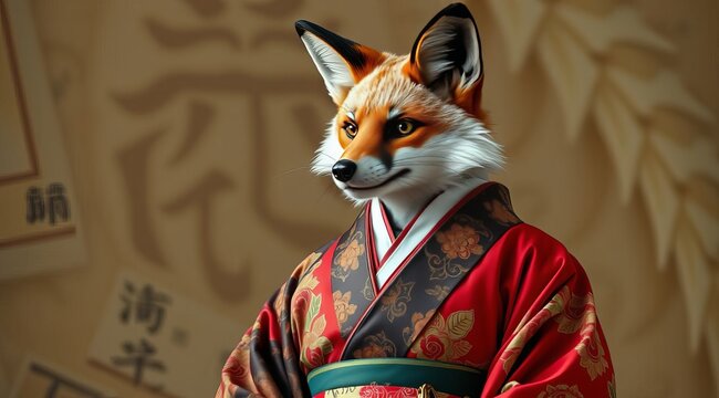 A fox man in a traditional bright kimono is standing in front of a Japanese temple. In front of an old building in the style of traditional Japan.