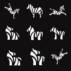 Obraz premium Modern Abstract Geometric Zebra Illustration Set. White Minimalist Animal Graphic Designs on Black Background.