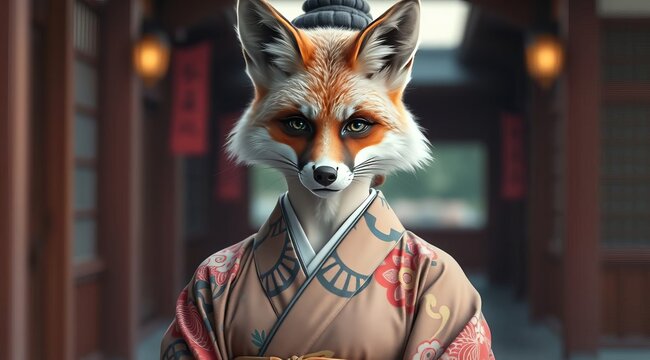 A fox man in a traditional bright kimono is standing in front of a Japanese temple. In front of an old building in the style of traditional Japan.