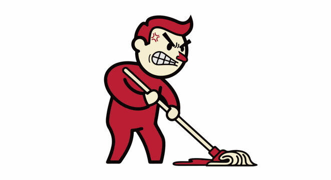 Angry cartoon character mopping floor aggressively with scowl.