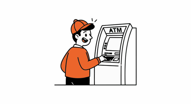 Cartoon character using an ATM machine happily.
