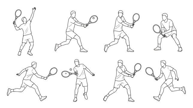 Minimalist tennis player line art collection, 8 black and white vector silhouettes of athletes in action, professional tennis sport poses set