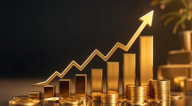 A hyper-realistic 3D render of a rising stock market graph, featuring polished gold bars and shimmering gold coins meticulously arranged at the base.