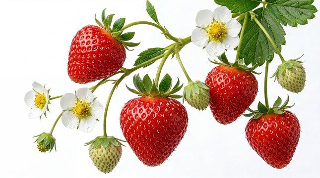 Close up of ripe red strawberries unripe green berries and white blossoms with water droplets on vine against white background, fresh organic produce, agricultural harvest.