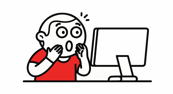 Shocked cartoon man staring at computer screen in disbelief.