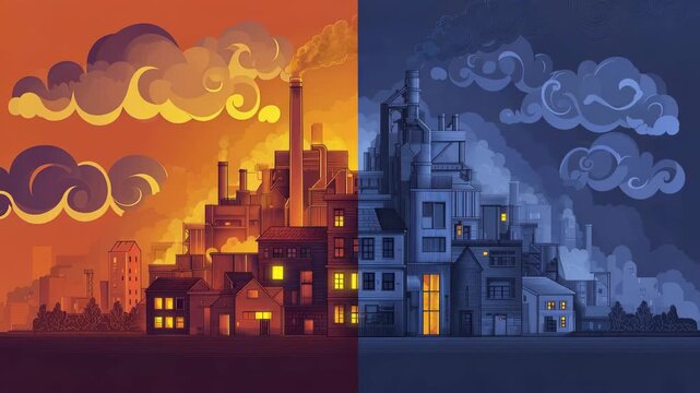 The clip shows a factory changing from day to night. Bright colors appear during the day, while darker shades and lights emerge at night.