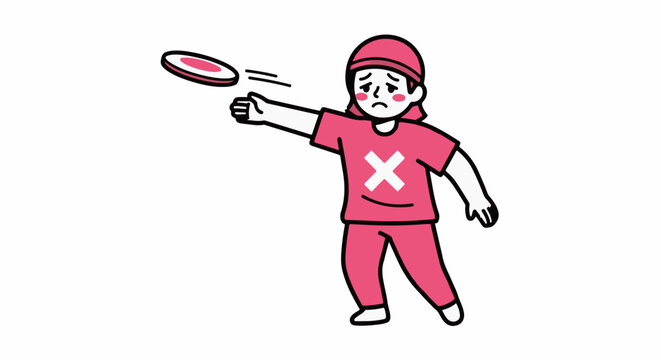 Cartoon child throwing frisbee with first aid symbol shirt.