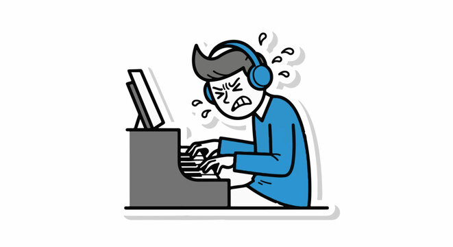 Frustrated young man using computer with headphones on.