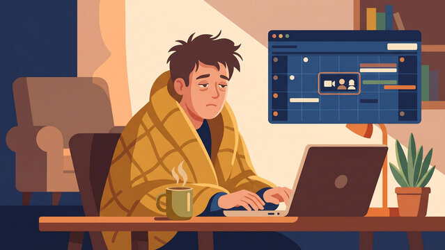 Tired Sick Man Wrapped in Blanket Working from Home on Laptop with Hot Tea During Virtual Meeting
