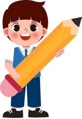 Cute Cartoon Schoolboy Holding a Giant Pencil