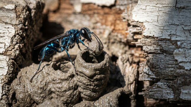 Macro Close-up of Blue Mud Dauber Wasp Building Intricate Mud Nest on Wood.