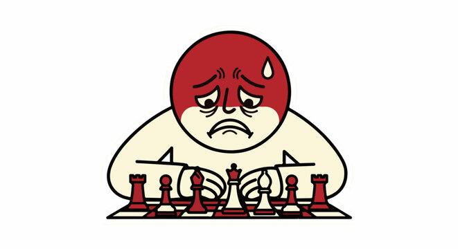 Frustrated cartoon character playing complicated chess game.