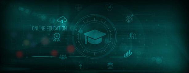 Obraz premium Education, E-learning Platforms, Knowledge Expansion, online education-related text on the global network cyberspace, technology, and Motion graphics of education concept