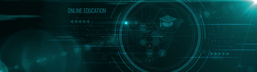 Obraz premium Education, E-learning Platforms, Knowledge Expansion, online education-related text on the global network cyberspace, technology, and Motion graphics of education concept